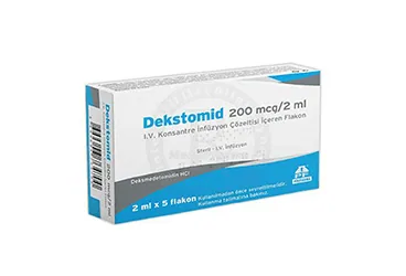 Deksmedetomidin içeren çözelti: DEKSTOMİD 200 MCG / 2 ML I.V. KONSANTRE İNFÜZYON ÇÖZELTİSİ İÇEREN FLAKON (5 FLAKON) kutu fotoğrafı. Üretici: POLİFARMA İLAÇ SAN. VE TİC. A.Ş.