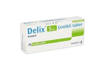 Ramipril içeren tablet: DELIX 5 MG 28 TABLET ürün ambalajı. Üretici: SANOFİ SAĞLIK ÜRÜNLERİ LTD. ŞTİ.