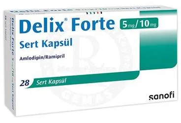 DELIX FORTE 5 MG/10 MG SERT KAPSUL (28 KAPSUL) ürün ambalajı, kapsül formunda ramipril + amlodipin içerir. Üretici: SANOFİ SAĞLIK ÜRÜNLERİ LTD. ŞTİ.