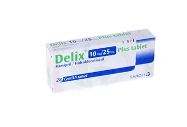 Ramipril + hidroklortiazid içeren tablet: DELIX PLUS 10 MG/25 MG 28 TABLET ambalajı. Üretici: SANOFİ SAĞLIK ÜRÜNLERİ LTD. ŞTİ.