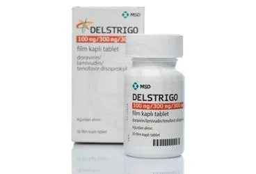 DELSTRIGO 100 MG/300 MG/300 MG FILM KAPLI TABLET (30 TABLET) kutu fotoğrafı, film kaplı tablet formunda lamivudin + tenofovir + doravirin içerir. Üretici: MERCK SHARP DOHME İLAÇLARI LTD. ŞTİ.