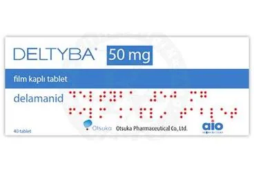 DELTYBA 50 MG 40 FILM TABLET kutusu, film kaplı tablet formunda delamanid içerir. Üretici: ABDİ İBRAHİM OTSUKA İLAÇ SAN. VE TİC. A.Ş.