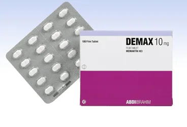 Memantin içeren film kaplı tablet: DEMAX 10 MG 100 FILM TABLET kutusu. Üretici: ABDİ İBRAHİM İLAÇ SANAYİ VE TİCARET A.Ş.