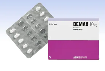 DEMAX 10 MG 30 FILM TABLET ambalajı, film kaplı tablet formunda memantin içerir. Üretici: ABDİ İBRAHİM İLAÇ SANAYİ VE TİCARET A.Ş.