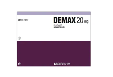 DEMAX 20 MG 28 FILM TABLET kutusu. Memantin içeren film kaplı tablet. Üretici: ABDİ İBRAHİM İLAÇ SANAYİ VE TİCARET A.Ş.