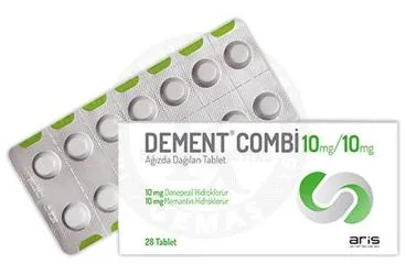 Memantin + donepezil içeren tablet: DEMENT COMBI 10 MG / 10 MG AGIZDA DAGILAN TABLET (28 TABLET) ürün ambalajı. Üretici: ALİ RAİF İLAÇ SANAYİ A.Ş.