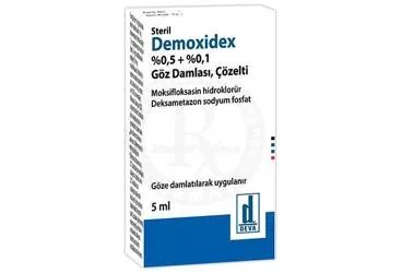 DEMOXIDEX %0,5 + %0,1 GOZ DAMLASI, COZELTI (5 ML) ambalajı, göz damlası formunda deksametazon -oftalmik içerir. Üretici: DEVA HOLDİNG ANONİM ŞİRKETİ.