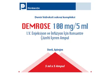DEMROSE 100 MG/5 ML IV ENJEKSIYON VE INFUZYON ICIN KONSANTRE COZELTI ICEREN 5 AMPUL ambalajı, çözelti formunda demir iii hidroksit sükroz içerir. Üretici: PHARMADA İLAÇ SANAYİ VE TİCARET A.Ş.