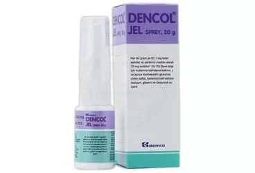 Kolin salisilat içeren jel: DENCOL JEL SPREY ürün ambalajı. Üretici: BERAT BERAN İLAÇ SAN. VE TİC. LTD. ŞTİ.