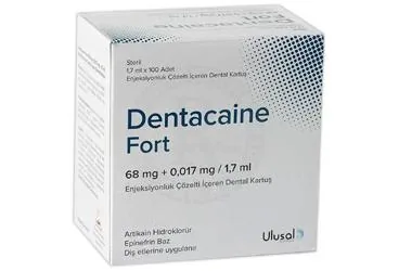 DENTACAINE FORT 68 MG + 0,017 MG/1,7 ML ENJEKSIYONLUK COZELTI ICEREN DENTAL KARTUS (100 ADET) (artikain + epinefrin) ambalajı, çözelti. Üretici: ULUSAL ECZA DEPOSU İLAÇ VE ESTETİK ÜRÜNLERİ İTHALAT İHRACAT SANAYİ VE TİCARET ANONİM ŞİRKETİ.