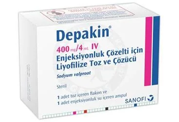 DEPAKIN 400 MG / 4 ML I.V. ENJEKSIYONLUK COZELTI ICIN LIYOFILIZE 1 ADET TOZVE 1 ADET COZUCU kutu fotoğrafı, çözelti formunda valproik asit içerir. Üretici: SANOFİ İLAÇ SANAYİ ve TİC. A.Ş.