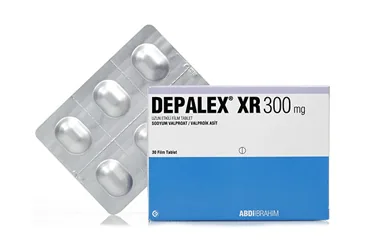 Valproik asit içeren film kaplı tablet: DEPALEX XR 300 MG UZUN ETKILI 30 FILM TABLET ürün ambalajı. Üretici: ABDİ İBRAHİM İLAÇ SANAYİ VE TİCARET A.Ş.