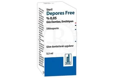 DEPORES FREE %0.05 GOZ DAMLASI, EMULSIYON (5,5 ML) ürün ambalajı, göz damlası formunda siklosporin -oftalmik içerir. Üretici: DEVA HOLDİNG ANONİM ŞİRKETİ.