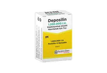 DEPOSILIN 1.200.000 IU ENJEKSIYONLUK COZELTI HAZIRLAMAK ICIN TOZ (1 FLAKON) kutu fotoğrafı, çözelti formunda penisilin g benzatin içerir. Üretici: MENARİNİ SAĞLIK VE İLAÇ SANAYİ TİCARET ANONİM ŞİRKETİ.