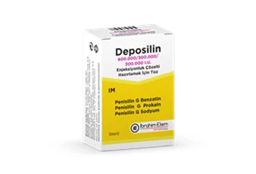 DEPOSILIN 600.000/300.000/300.000 IU ENJEKSIYONLUK COZELTI HAZIRLAMAK ICIN TOZ (1 FLAKON) kutusu. Penisilin g benzatin + penisilin g potasyum + penisilin g prokain içeren çözelti. Üretici: MENARİNİ SAĞLIK VE İLAÇ SANAYİ TİCARET ANONİM ŞİRKETİ.