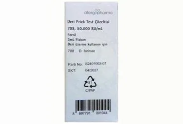 DERI PRICK TEST COZELTISI 708, 50.000 SBU/ML ambalajı. Allerjen ekstratı içeren çözelti. Üretici: ALLERGO İLAÇ DIŞ TİCARET ANONİM ŞİRKETİ.