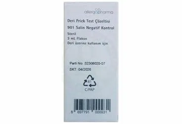 Allerjen negatif kontrol (salin) içeren çözelti: DERI PRICK TEST COZELTISI 901 SALIN NEGATIF KONTROL ambalajı. Üretici: ALLERGO İLAÇ DIŞ TİCARET ANONİM ŞİRKETİ.
