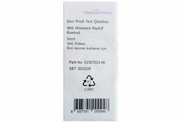 DERI PRICK TEST COZELTISI 902 HISTAMIN POZITIF KONTROL kutusu, çözelti formunda allerjen pozitif kontrol (histamin) içerir. Üretici: ALLERGO İLAÇ DIŞ TİCARET ANONİM ŞİRKETİ.