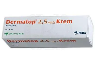 DERMATOP 2,5 MG KREM (30 G) kutusu, krem formunda prednikarbat içerir. Üretici: PHARMAVITAL İLAÇ SAĞLIK HİZMETLERİ VE ÜRÜNLERİ İTHALAT İHRACAT SANAYİ TİCARET ANONİM ŞİRKETİ.