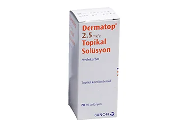 DERMATOP 20 ML TOPIKAL SOLUSYON ürün ambalajı. Prednizolon -topikal içeren solüsyon. Üretici: SANOFİ SAĞLIK ÜRÜNLERİ LTD. ŞTİ.