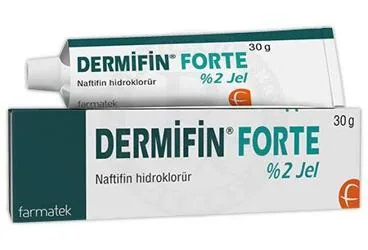 Naftifin hcl içeren jel: DERMIFIN FORTE %2 JEL (30 G) ürün ambalajı. Üretici: FARMA-TEK İLAÇ SANAYİ VE TİCARET A.Ş.