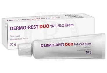 DERMO-REST DUO %1 + %2 KREM (30 G) ambalajı. Tiyokonazol + hidrokortizon içeren krem. Üretici: AVİXA İLAÇ SANAYİ VE TİCARET ANONİM ŞİRKETİ.