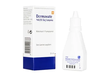 Klobetasol propiyon içeren DERMOVATE SAC LOSYONU 25 ML kutusu. Üretici: GLAXOSMİTHKLİNE İLAÇLARI SAN. VE TİC. A.Ş.