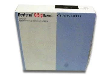 DESFERAL 500 MG 10 FLAKON ürün ambalajı. Deferoksamin metansülfonat içeren flakon. Üretici: NOVARTİS SAĞLIK GIDA VE TARIM ÜRÜNLERİ SANAYİ VE TİCARET ANONİM ŞİRKETİ.