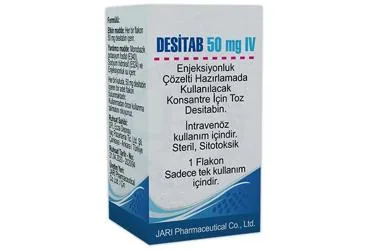 Desitabin içeren çözelti: DESITAB 50 MG IV ENJEKSIYONLUK COZELTI HAZIRLAMADA KULLANILACAK KONSANTRE ICIN TOZ ürün ambalajı. Üretici: DFL ECZA DEPOSU İLAÇ PAZARLAMA TİCARET LİMİTED ŞİRKETİ.