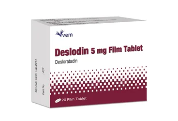 DESLODIN 5 MG 20 FILM TABLET ürün ambalajı, film kaplı tablet formunda desloratadin içerir. Üretici: VEM İLAÇ SAN. VE TİC. ANONİM ŞİRKETİ.