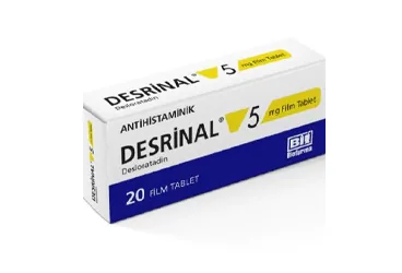 DESRINAL 5 MG 20 FILM KAPLI TABLET ambalajı. Desloratadin içeren film kaplı tablet. Üretici: BİOFARMA İLAÇ SANAYİ VE TİCARET A.Ş.