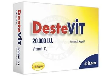 DESTEVIT 20.000 I.U. YUMUSAK KAPSUL (14 KAPSUL) kutu fotoğrafı, yumuşak kapsül formunda vitamin d3 içerir. Üretici: İLKO İLAÇ SAN. VE TİC. A.Ş.