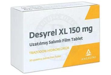DESYREL XL 150 MG UZATILMIS SALIMLI FILM KAPLI TABLET (30 TABLET) ürün ambalajı. Trazodone içeren film kaplı tablet. Üretici: ANGELINI İLAÇ SANAYİ VE TİCARET ANONİM ŞİRKETİ.