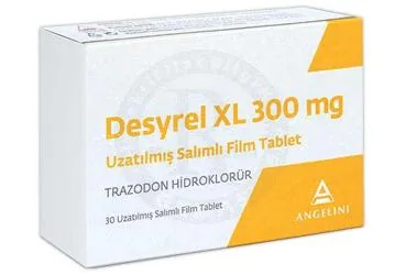 Trazodone içeren film kaplı tablet: DESYREL XL 300 MG UZATILMIS SALIMLI FILM KAPLI TABLET (30 TABLET) ürün ambalajı. Üretici: ANGELINI İLAÇ SANAYİ VE TİCARET ANONİM ŞİRKETİ.