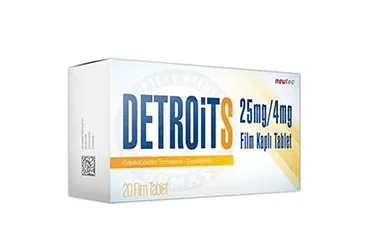 DETROITS 25MG/4MG FILM KAPLI TABLET (20 TABLET) ürün ambalajı, film kaplı tablet formunda deksketoprofen + tiyokolşikozid içerir. Üretici: NEUTEC İLAÇ SANAYİ TİCARET ANONİM ŞİRKETİ.