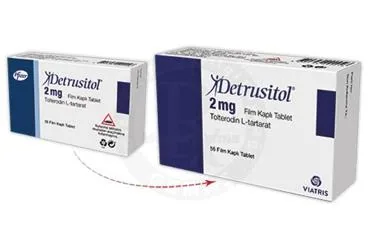 DETRUSITOL 2 MG FILM KAPLI TABLET (56 TABLET) ambalajı. Tolterodin-l-tartarat içeren film kaplı tablet. Üretici: VİATRİS İLAÇLARI LİMİTED ŞİRKETİ.
