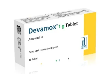 DEVAMOX 1 GR 16 TABLET ürün ambalajı, tablet formunda amoksisilin içerir. Üretici: DEVA HOLDİNG ANONİM ŞİRKETİ.