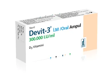 Vitamin d3 içeren çözelti: DEVİT-3 300.000 I.U. /ML I.M. ÇÖZELTİ İÇEREN AMPUL, 100 AMPUL ambalajı. Üretici: DEVA HOLDİNG A.Ş.