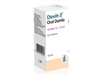 DEVIT-3 50.000 I.U./15 ML ORAL DAMLA (15 ML) kutusu, damla formunda vitamin d3 içerir. Üretici: DEVA HOLDİNG ANONİM ŞİRKETİ.