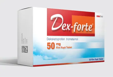 DEX-FORTE 50 MG 20 FILM TABLET ambalajı, film kaplı tablet formunda deksketoprofen içerir. Üretici: NEUTEC İLAÇ SANAYİ TİCARET ANONİM ŞİRKETİ.