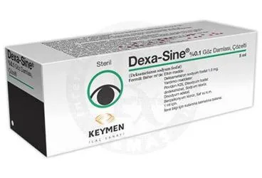 DEXA-SINE 1 MG 5 ML DAMLA (deksametazon -oftalmik) ürün ambalajı, damla. Üretici: KEYMEN İLAÇ SANAYİ VE TİCARET A.Ş.