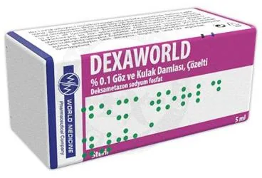 DEXAWORLD % 0.1 GOZ VE KULAK DAMLASI, COZELTI (1 SISE) kutu fotoğrafı. Deksametazon -oftalmik-otolojik içeren göz ve kulak damlası. Üretici: WORLD MEDICINE İLAÇ SAN. VE TİC. A.Ş.