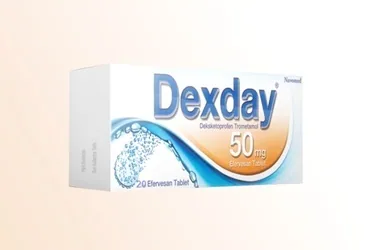 DEXDAY 50 MG 20 EFERVESAN TABLET kutusu, efervesan tablet formunda deksketoprofen içerir. Üretici: NUVOMED İLAÇ SANAYİ TİCARET ANONİM ŞİRKETİ.