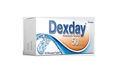 Deksketoprofen içeren efervesan tablet: DEXDAY 50 MG 30 EFERVESAN TABLET kutusu. Üretici: NUVOMED İLAÇ SANAYİ TİCARET ANONİM ŞİRKETİ.