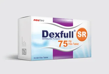 DEXFULL SR 75 MG 10 FILM TABLET ambalajı. Deksketoprofen içeren film kaplı tablet. Üretici: NEUTEC İLAÇ SANAYİ TİCARET ANONİM ŞİRKETİ.