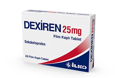 Deksketoprofen içeren film kaplı tablet: DEXIREN 25 MG 20 FILM KAPLI TABLET kutusu. Üretici: İLKO İLAÇ SAN. VE TİC. A.Ş.