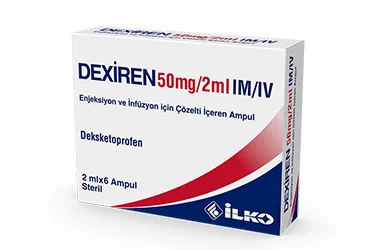 DEXIREN 50 MG/2 ML IM/IV ENJEKSIYON VE INFUZYON ICIN COZELTI ICEREN 6 AMPUL ambalajı. Deksketoprofen içeren çözelti. Üretici: İLKO İLAÇ SAN. VE TİC. A.Ş.