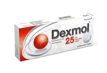 DEXMOL 25 MG 20 EFERVESAN TABLET ambalajı, efervesan tablet formunda deksketoprofen içerir. Üretici: NUVOMED İLAÇ SANAYİ TİCARET ANONİM ŞİRKETİ.