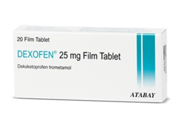 DEXOFEN 25 MG 20 FILM TABLET (deksketoprofen) ambalajı, film kaplı tablet. Üretici: ATABAY KİMYA SANAYİ VE TİC. A.Ş.