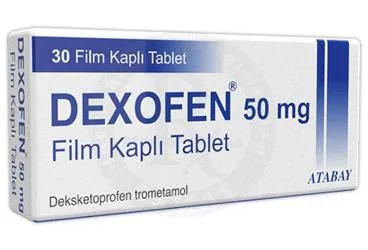 Deksketoprofen içeren film kaplı tablet: DEXOFEN 50 MG FILM KAPLI TABLET (30 TABLET) ambalajı. Üretici: ATABAY KİMYA SANAYİ VE TİC. A.Ş.
